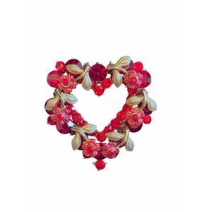 Matte Gold Tone Red Rhinestone Heart Brooch